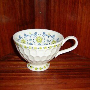 Anthropologie Blue Bandana Print Honeycomb White Ceramic Footed Coffee Cup, NWOT